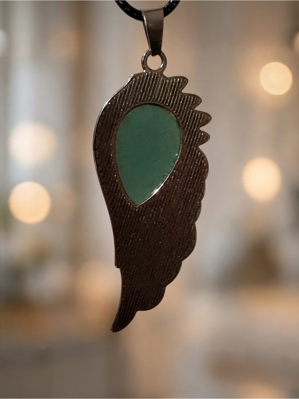 Green Aventurine Stone Wing Pendant Feather Necklace Silver - Picture 2 of 3